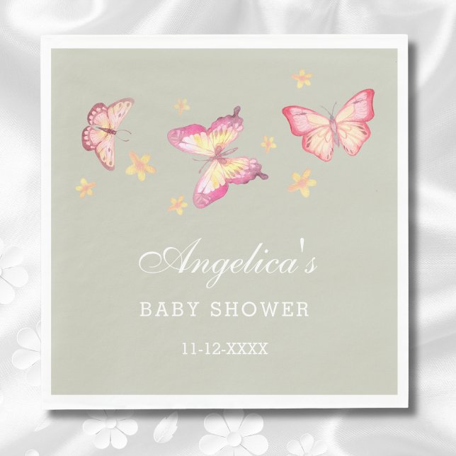 Sage Green Peach Pink Butterfly Baby Shower Napkin (Creator Uploaded)