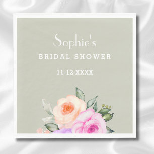Sage Green Peach Pink Roses Floral Bridal Shower Napkin