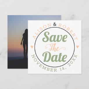 Sage green, peach typography photo on the back save the date