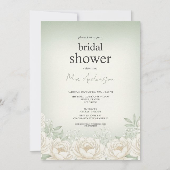 Sage Green Peony Bridal Shower Invitation Card (Front)