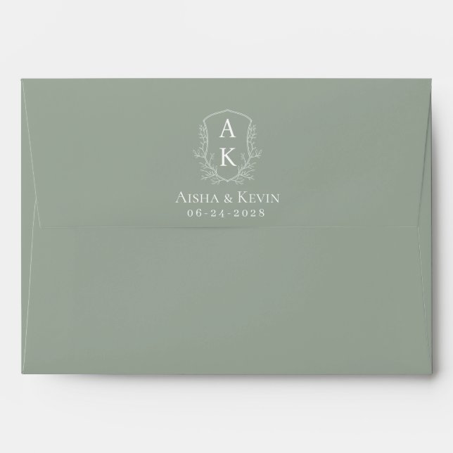 Sage Green Peony Couple Crest Wedding RSVP Envelope (Back (Top Flap))