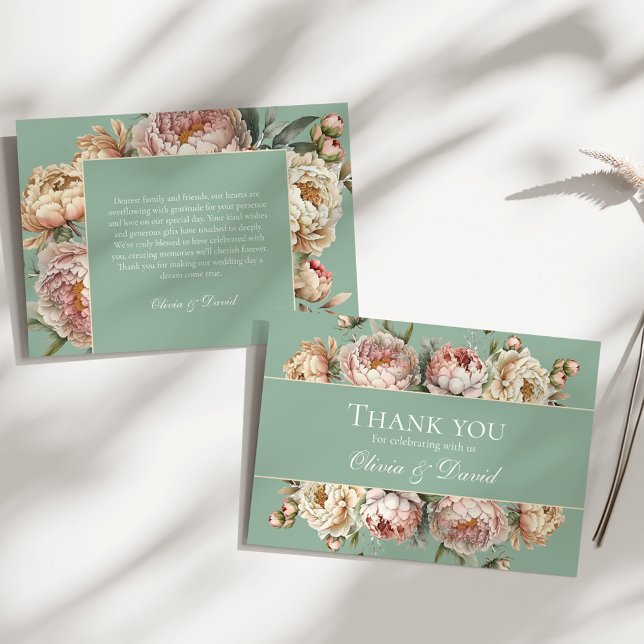 Sage Green Peony Floral Band Wedding Thank You Card (Rustic Pastel Sage Green Blush Pink Peony Wedding Thank You Card on a sunny white boho table.)