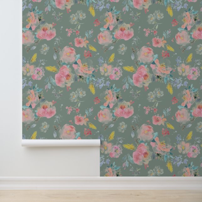 Sage Green Peony Floral Watercolor Botanical  Wallpaper (Application)