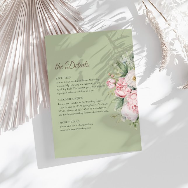 Sage Green Peony Floral Wedding Details Card (Sage Green Peony Floral Wedding Details Card on a sunny table with dry white botanicals)