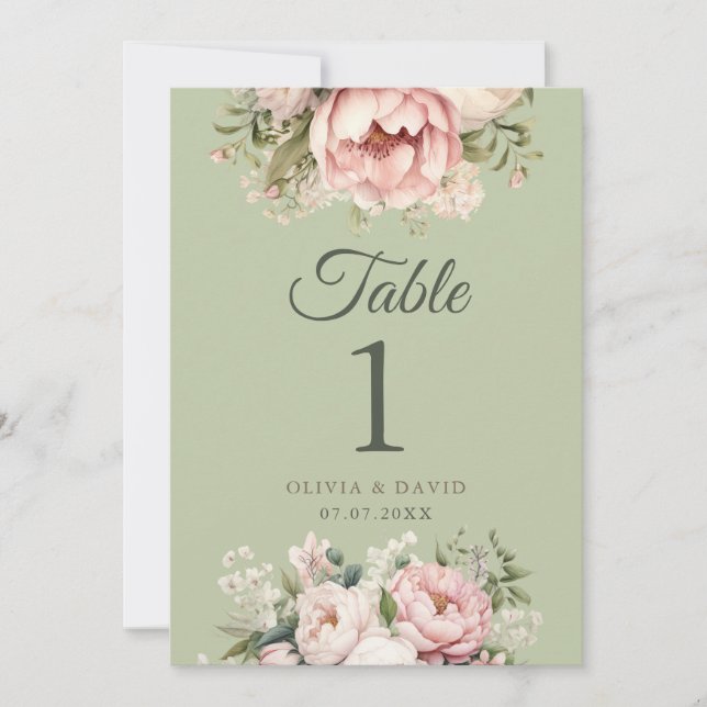 Sage Green Peony Floral Wedding Table Number (Front)
