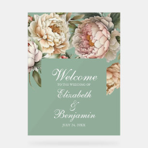 Sage Green Peony Garden Acrylic Wedding Welcome Sign