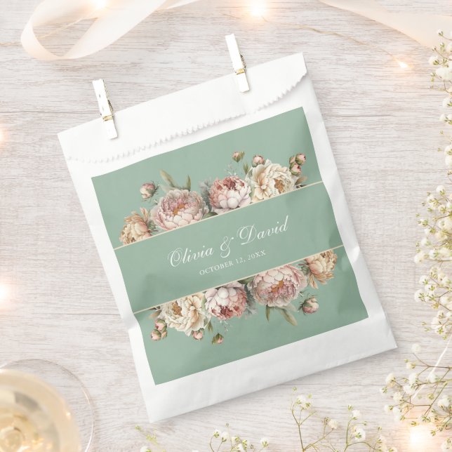 Sage Green Peony Garden Wedding Favour Bag  (Clipped)
