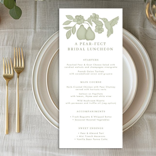 Sage Green Perfect Pear Bridal Luncheon Menu Card (Menu)