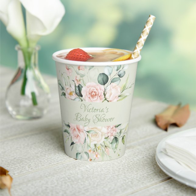 Sage Green Personalised Modern Floral Baby Shower Paper Cups (Insitu)