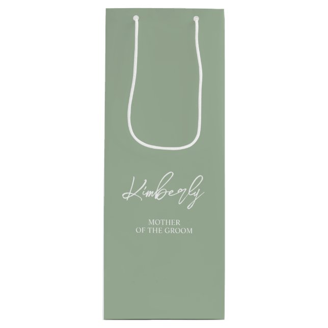 Sage Green Personalised Name Wedding Party Favour Wine Gift Bag (Front)
