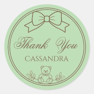 Sage Green Personalised Teddy Bear Bow Classic Round Sticker