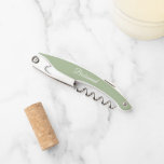 Sage Green Personalised Wedding Bridesmaid Corkscrew<br><div class="desc">Trendy,  sage green colour wine corkscrew opener for your wedding bridesmaid along with her name on back and printed in white,  stylised script. Personalise corkscrew by editing and replacing name with your bridesmaid's name. Available in many,  popular bridesmaid wedding colour schemes.</div>