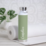 Sage Green Personalised Wedding Bridesmaid Water Bottle<br><div class="desc">Gift your wedding bridesmaid or maid or honour with this trendy, vacuum Insulated water bottle that features her name in white, stylised script on a sage green colour background designed to match your wedding colour scheme. Personalise bottle by editing and replacing name with your own as desired. Select your water...</div>
