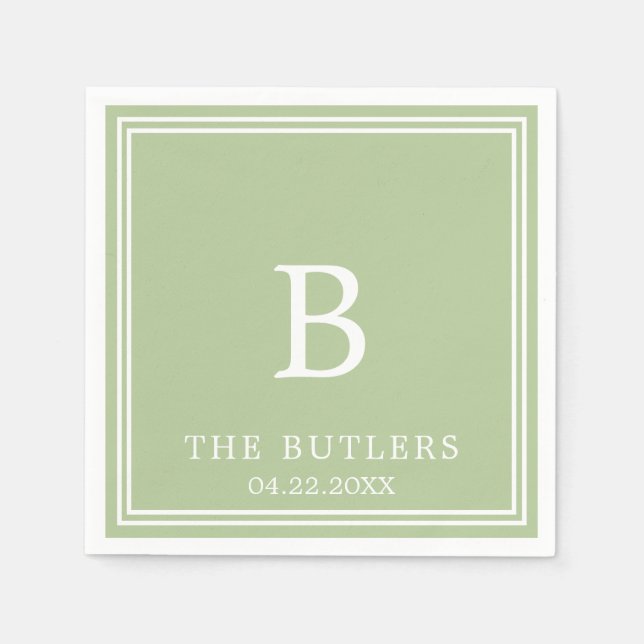 Sage Green Personalised Wedding Cocktail Napkins (Front)