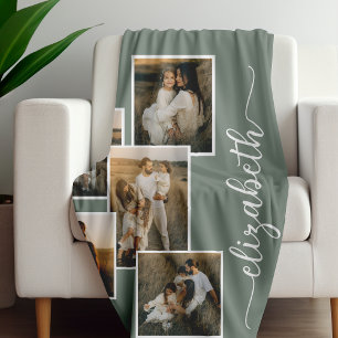 Sage Green Personalised With Name 5 Photo Collage  Fleece Blanket