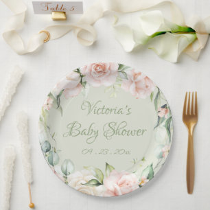 Sage Green Personalized Floral Baby Shower  Paper Plate