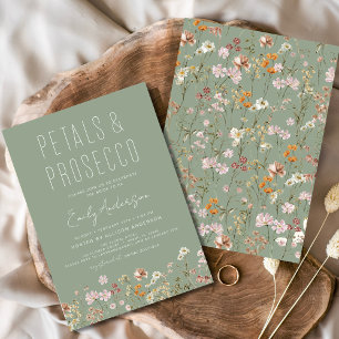 Sage Green Petals & Prosecco Bridal Shower  Invitation