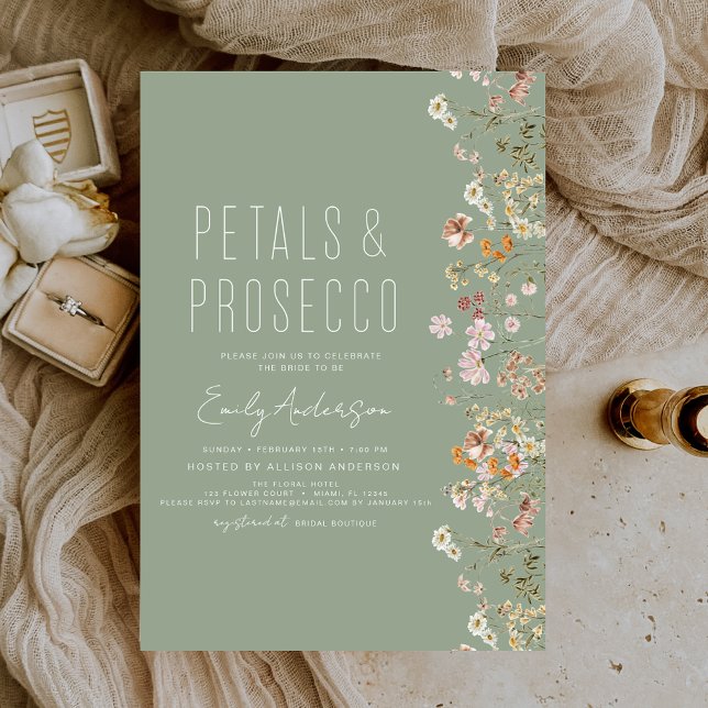 Sage Green Petals & Prosecco Bridal Shower Invitation (Creator Uploaded)