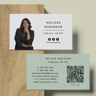 Sage Green Photo and QR Code Professional Simple Business Card