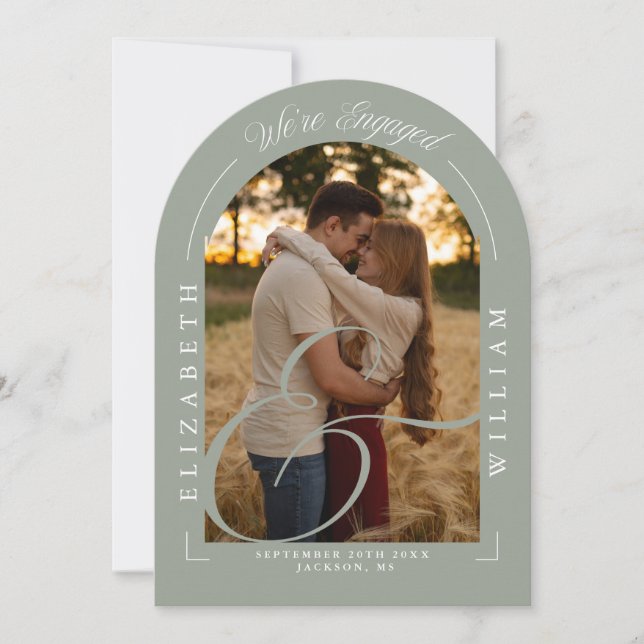 Sage Green Photo Arch Calligraphy Engagement Party Invitation (Front)
