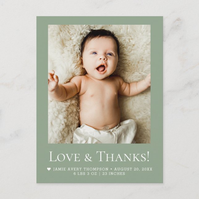 Sage Green Photo Baby Love & thanks Modern  Postcard (Front)