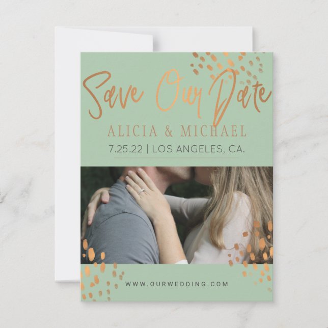 Sage Green PHOTO Faux Rose Gold Foil Typography Save The Date (Front)