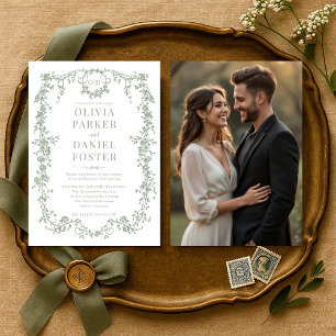 Sage Green Photo Floral Victorian French Wedding Invitation