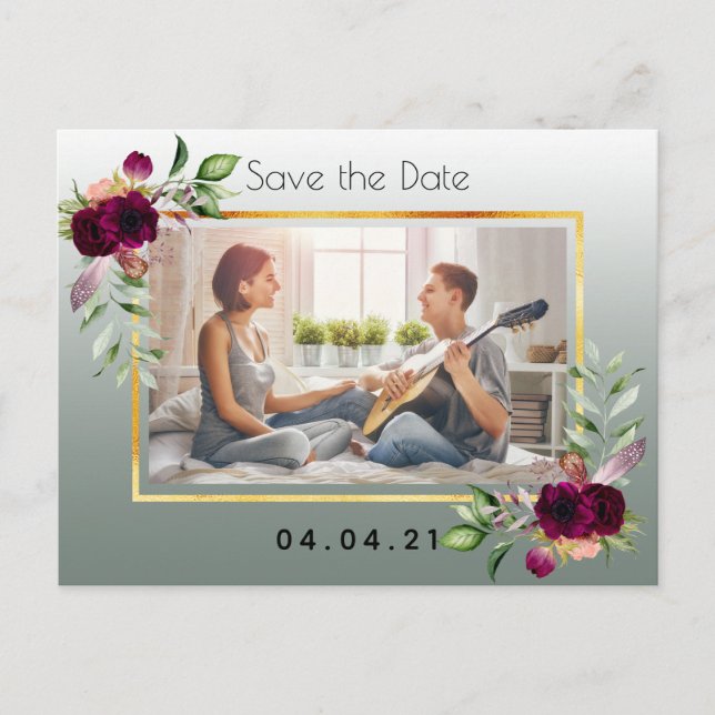 Sage green photo floral wedding Save the Date Announcement Postcard (Front)
