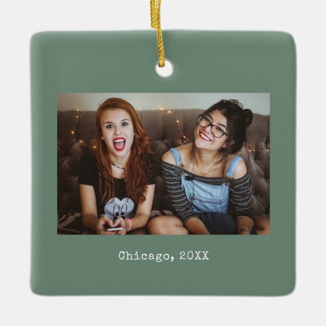 Sage Green Photo Keepsake Christmas Ceramic Ornament (Front)