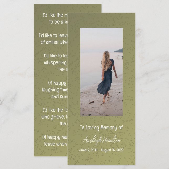 Sage Green Photo Prayer Card Sympathy Card (Front/Back)