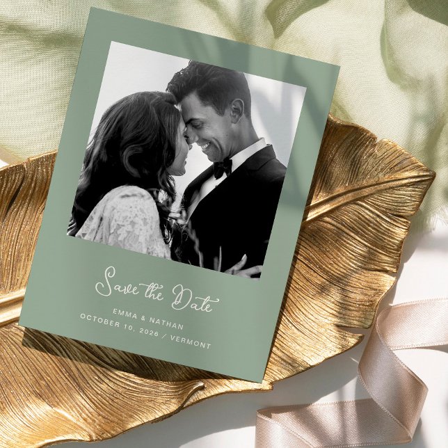 Sage Green Photo | QR Code Save The Date Announcement Postcard (An elegant, sage green save the date card with your photo and a QR code)