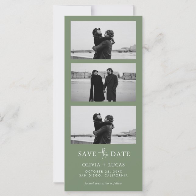 Sage Green Photo Strip QR Code Save The Date (Front)