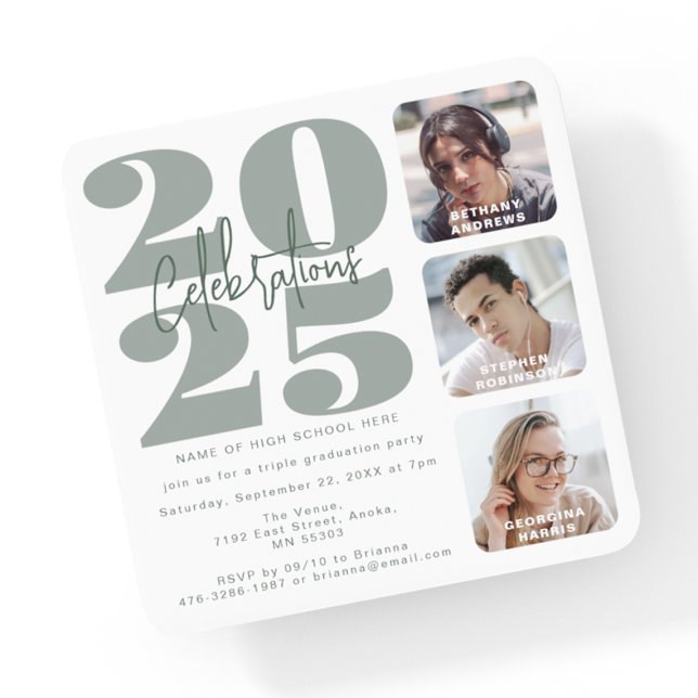 Sage Green Photo Triple Graduation Invitation (Creator Uploaded)
