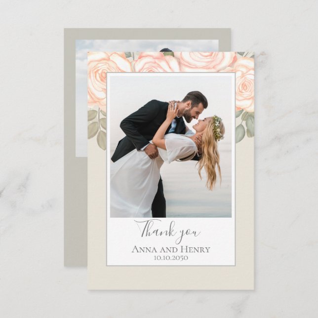 Sage Green Photo Wedding Custom Blush Floral  Thank You Card (Front/Back)