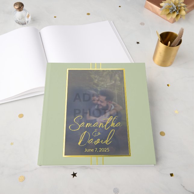 Sage Green Photo Wedding Foil Guest Book (Front Open)