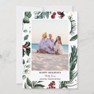 Sage Green Pine Bough Red Berry Merry Christmas Holiday Card