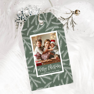 Sage Green   Pine Branch Merry Christmas Photo Gift Tags