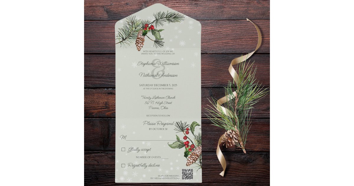 Sage Green Pine & Holly in Snow QR Code All In One Invitation | Zazzle