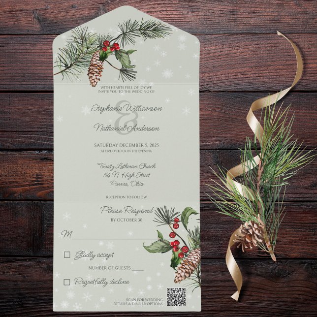 Sage Green Pine & Holly in Snow QR Code All In One Invitation (Also available without QR code. )