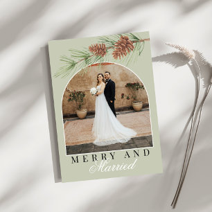 Sage Green Pine Merry & Married Photo Christmas Holiday Card