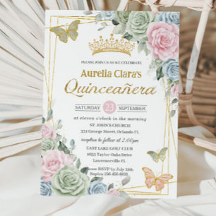 Sage Green Pink Blue Floral Butterfly Quinceañera Invitation