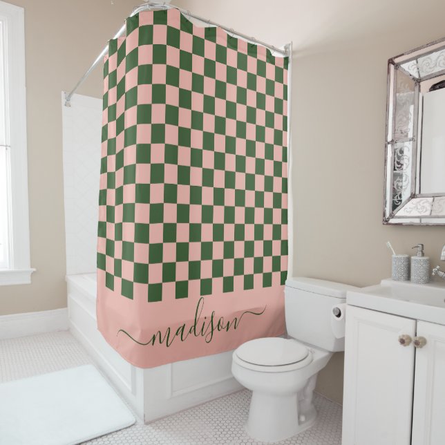 Sage Green & Pink Chequered Aesthetic Shower Curtain (In Situ)