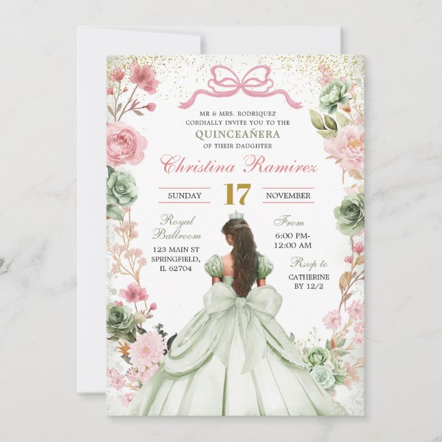 Sage Green Pink Coquette Bow Princess Quinceanera Invitation (Front)
