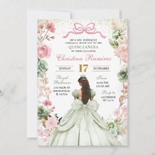 Sage Green Pink Coquette Bow Princess Quinceanera Invitation
