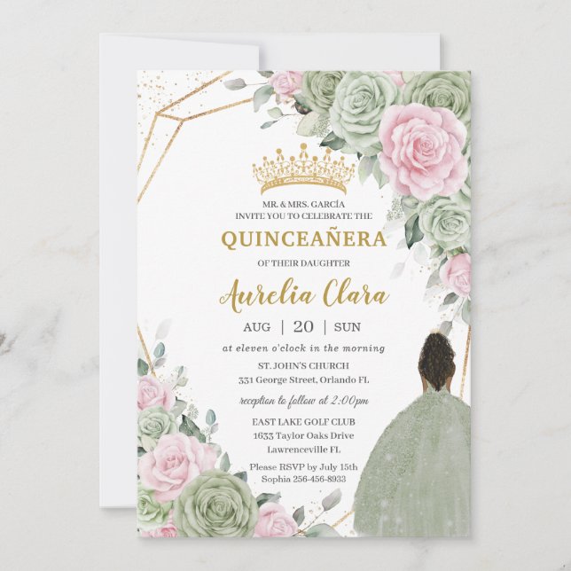 Sage Green Pink Floral Brown Girl Quinceañera Invitation (Front)