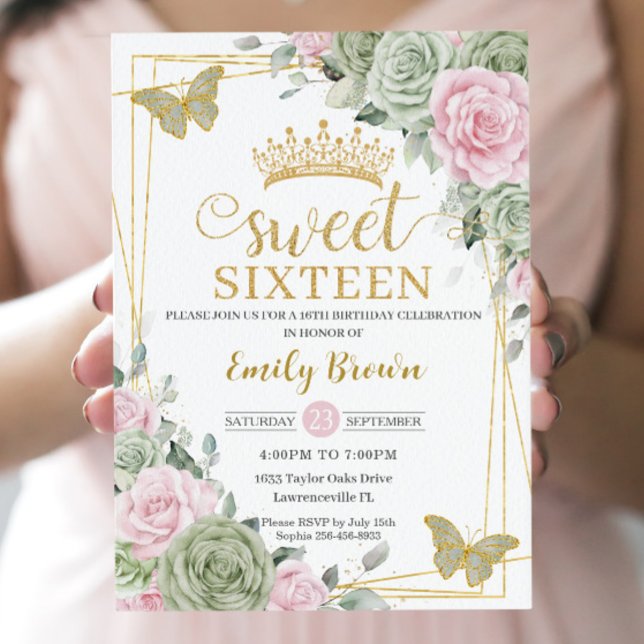 Sage Green Pink Floral Butterflies Gold Sweet 16 Invitation (Creator Uploaded)