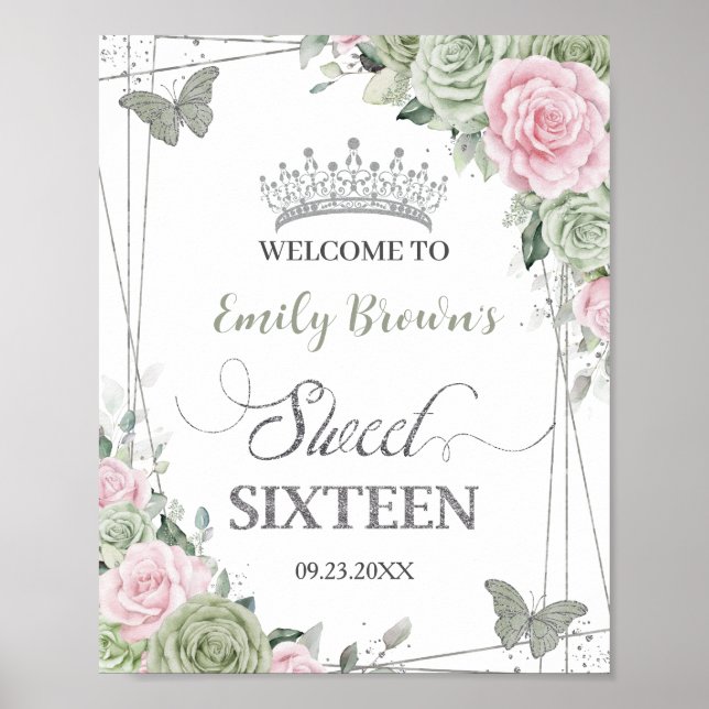 Sage Green Pink Floral Butterflies Silver Sweet 16 Poster (Front)