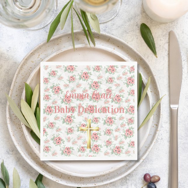 Sage Green & Pink Floral Custom Name w/ Gold Cross Napkin (Creator Uploaded)