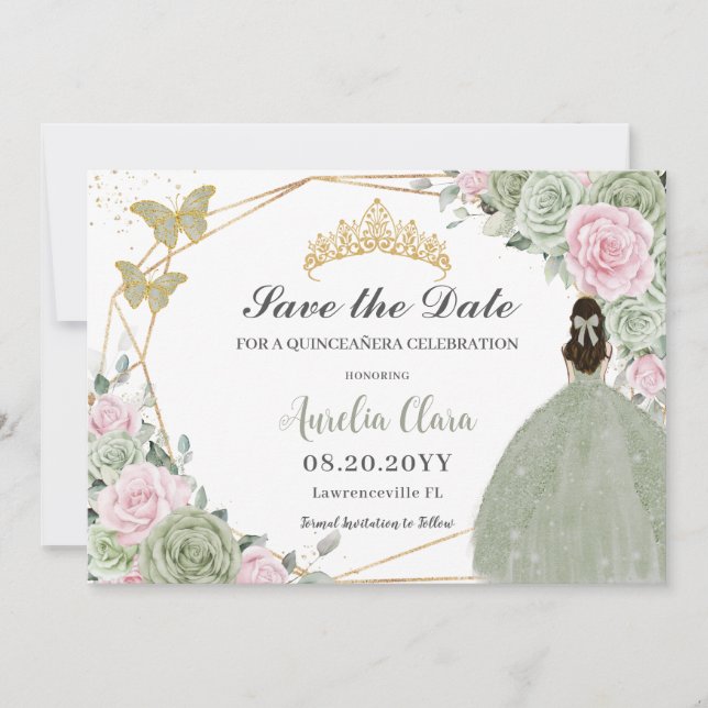 Sage Green Pink Floral Gold Quinceanera Princess  Save The Date (Front)
