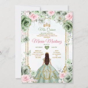 Sage Green & Pink Floral Mis Quince 16th Birthday Invitation